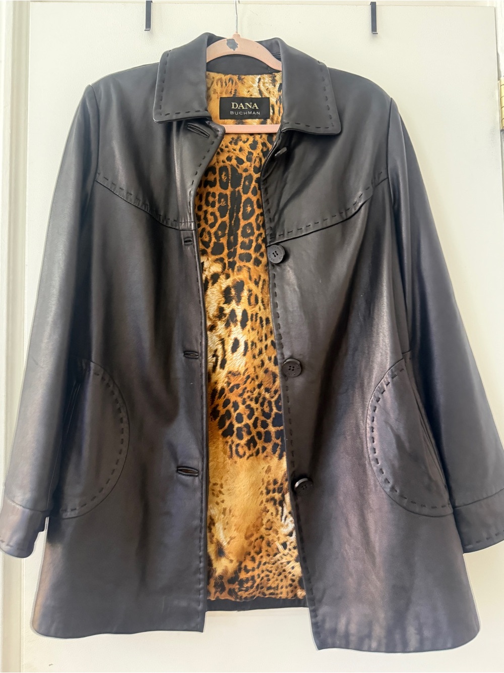 Vintage Dana Buchman Black Leather Jacket with Leopard-Print Lining